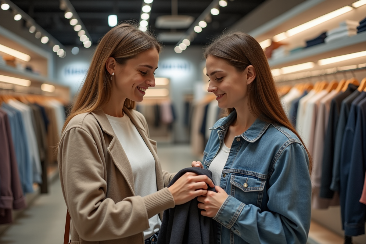 Mère et fille discutant vêtements dans un magasin moderne