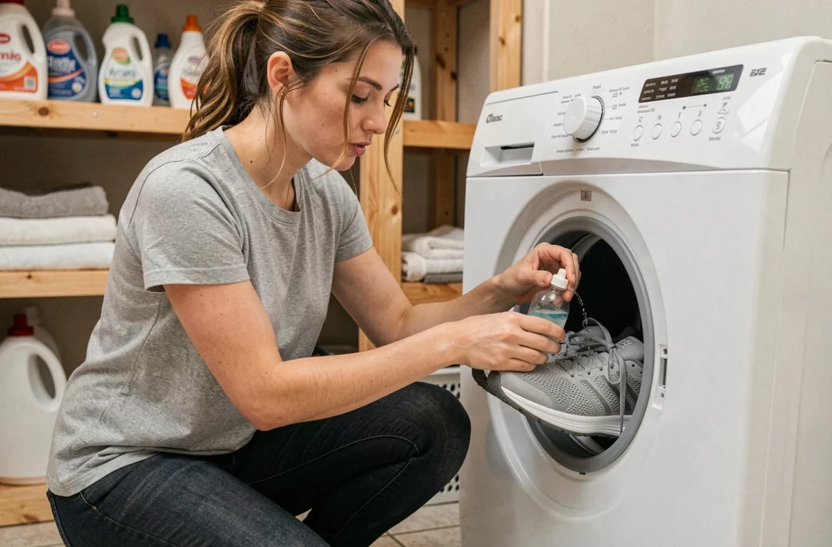 Femme versant de la lessive liquide dans un lave-linge avant d'y placer ses baskets de running grises
