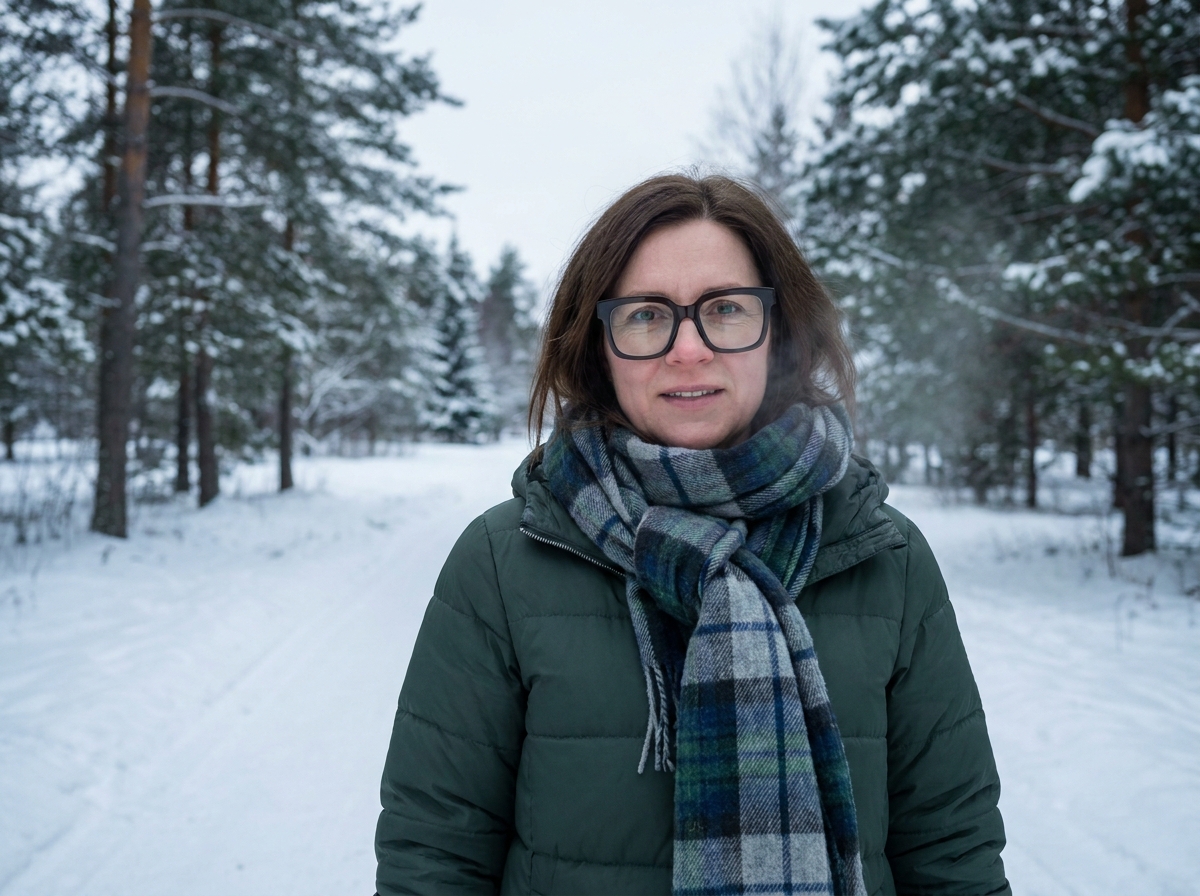 Femme portant des lunettes carrées noires et une doudoune verte dans un parc enneigé en hiver