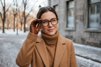 Femme portant des lunettes à monture écaille et un manteau camel en hiver dans une rue pavée
