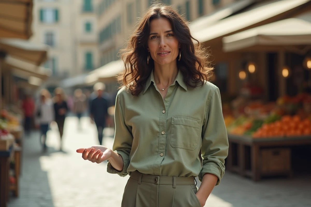 Femme animée dans un marché français en plein air, tenue décontractée en lin, ambiance éditoriale naturelle