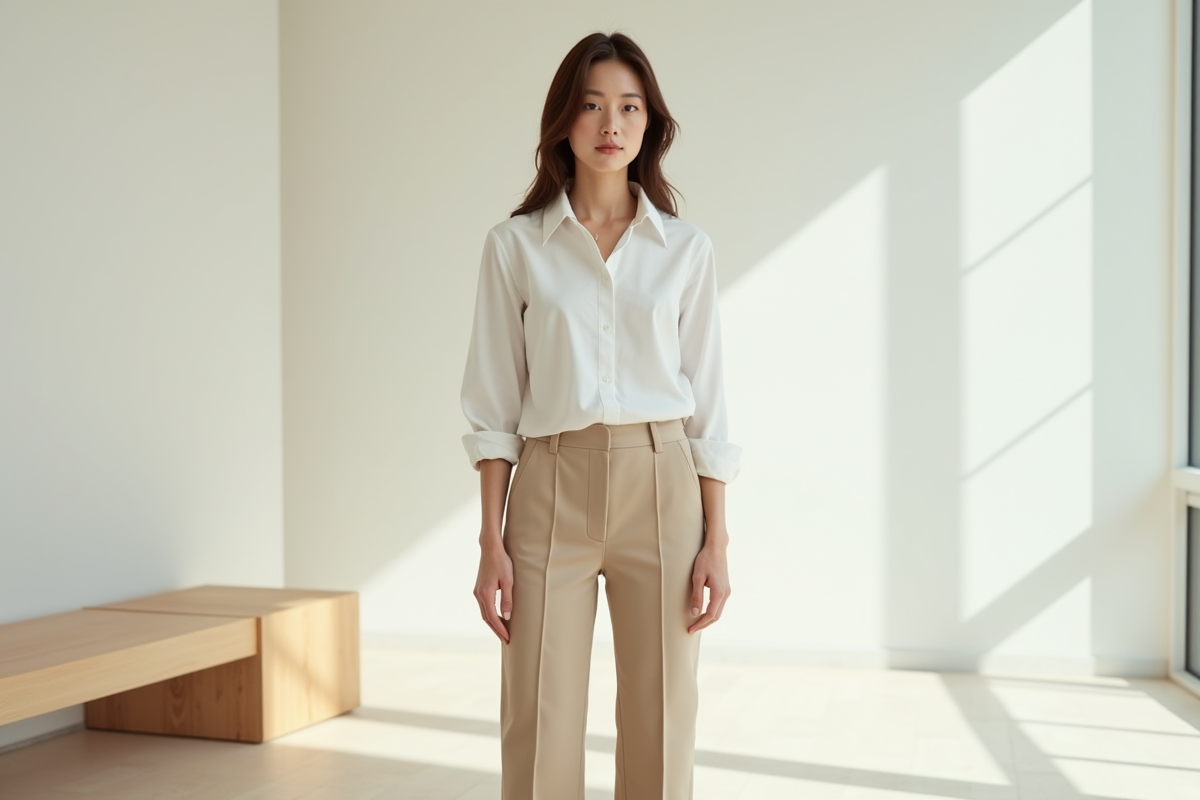 Femme en portrait studio en tenue élégante et naturelle