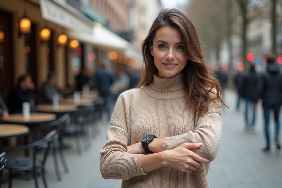 Jeune femme en sweater posant sa montre en extérieur