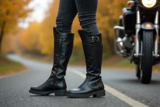 Femme motarde en bottes moto longue distance debout près d'une moto adventure sur une route de campagne en automne