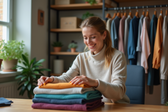 Femme pliant des vêtements colorés dans un salon cosy