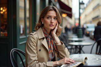 Femme élégante avec foulard à Paris en terrasse