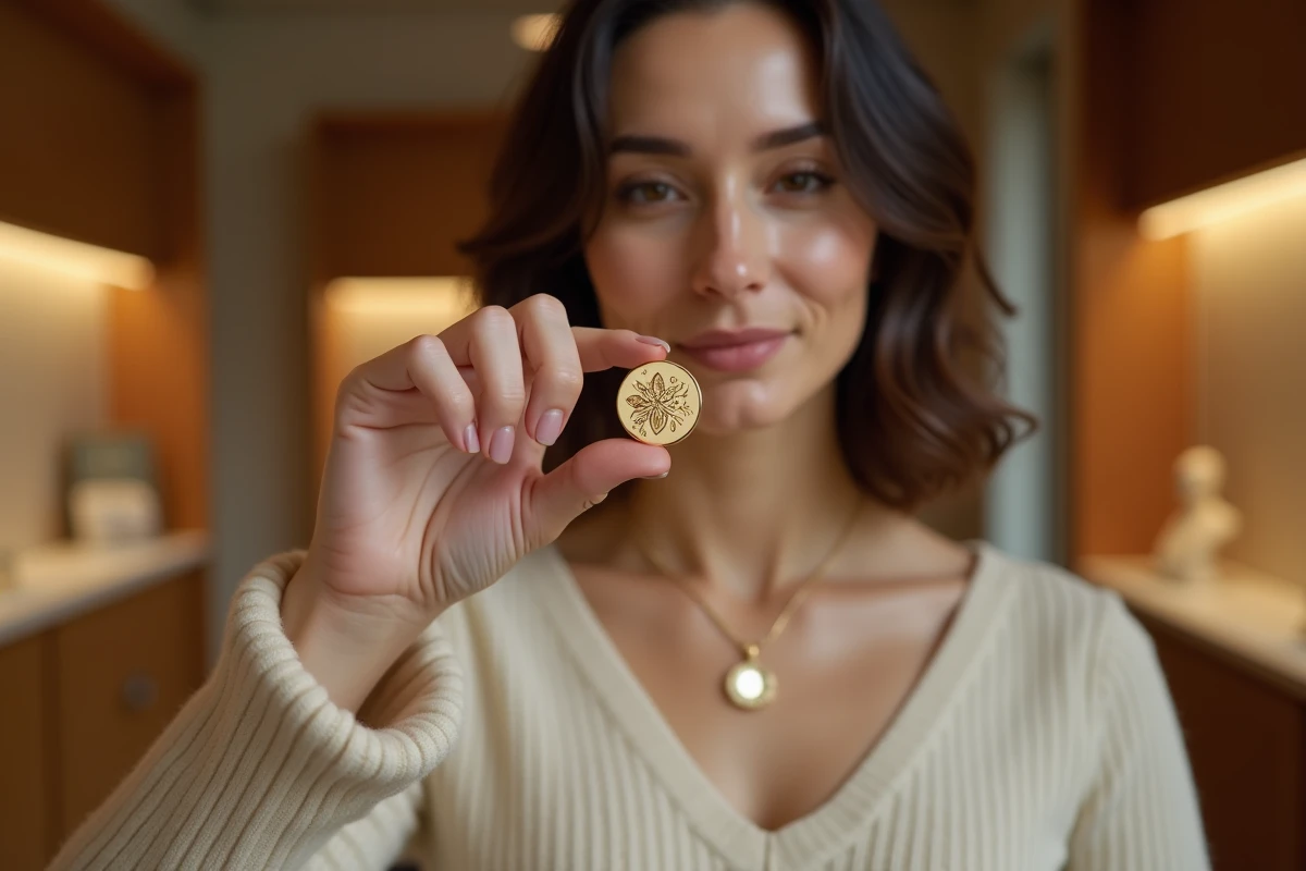 Femme tenant un pendentif médaille ronde en or gravée dans une bijouterie, vue en portrait