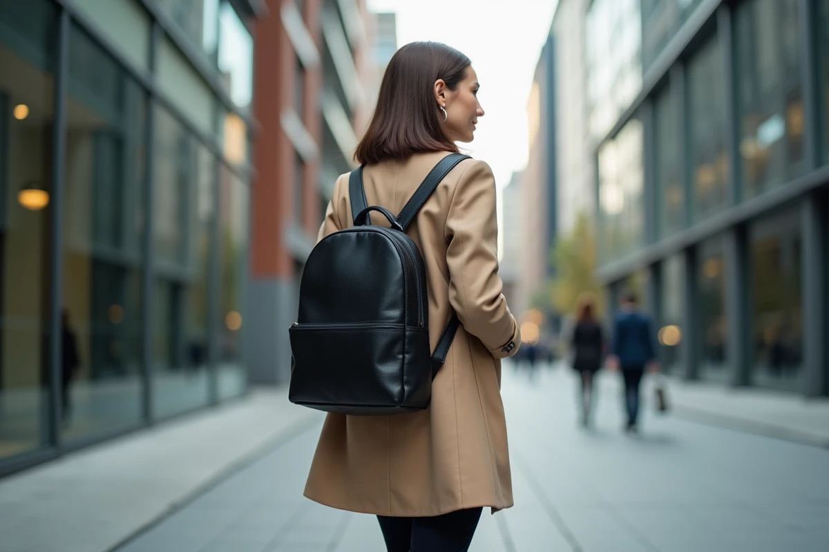 Femme professionnelle portant un sac à dos ordinateur en cuir noir élégant dans une rue urbaine moderne