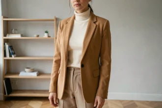 Femme portant un ras du cou ivoire sous un blazer camel structuré, tenue élégante et moderne dans un appartement parisien minimaliste