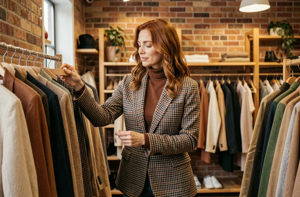 Femme en boutique portant un ras du cou marron sous un blazer pied-de-poule, look raffiné et élégant en intérieur