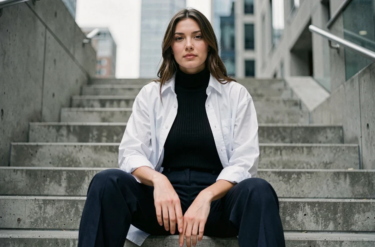 Femme assise en ville portant un ras du cou noir sous une chemise blanche ouverte et un pantalon marine, style urbain décontracté