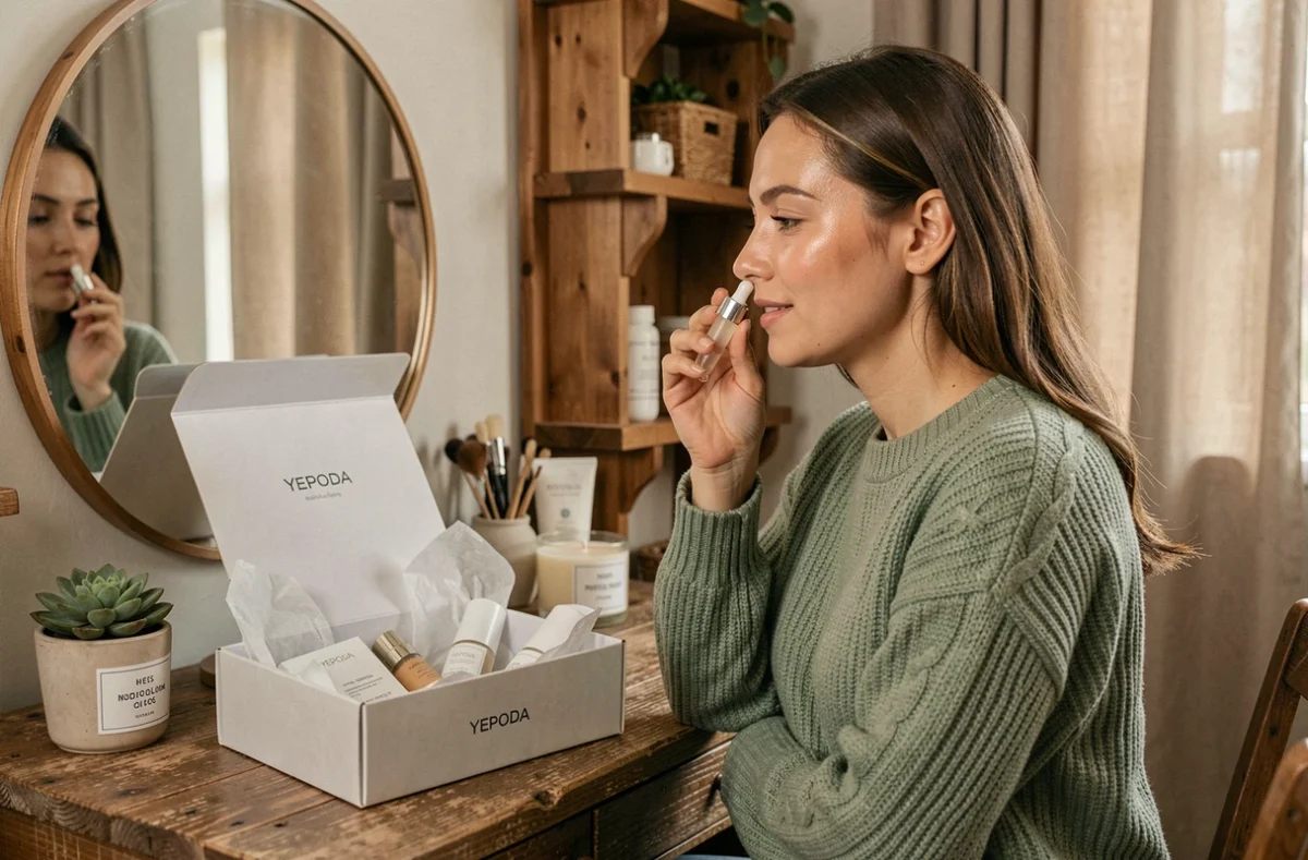 Femme appliquant un sérum du coffret Yepoda devant sa coiffeuse en bois dans une chambre cosy et chaleureuse
