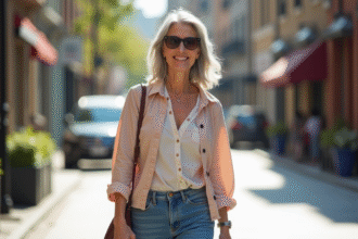 Femme senior élégante marchant dans la ville en jeans et blouse