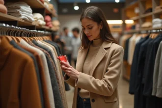 Femme élégante examinant une étiquette de prix dans un magasin de vêtements