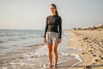 Femme portant un short de bain pudique et un top de protection solaire debout au bord de la mer sur une plage de sable