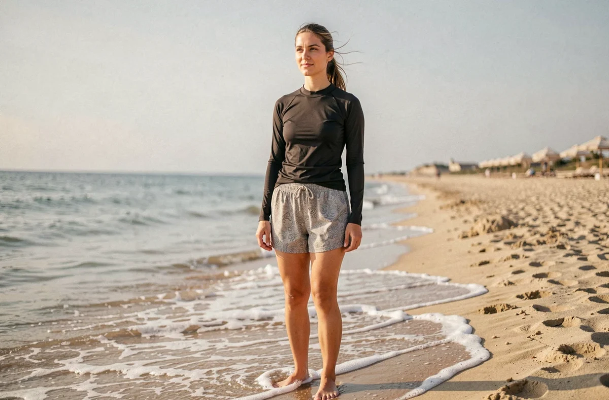 Femme portant un short de bain pudique et un top de protection solaire debout au bord de la mer sur une plage de sable