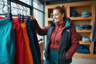 Femme confiante en vêtements de ski colorés et élégants