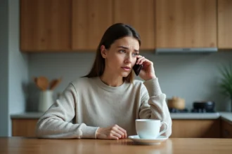 Femme assise à la cuisine parlant au smartphone