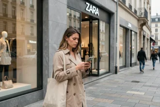 Femme consultant son smartphone devant une boutique Zara en centre-ville, illustration de la fermeture de magasins Zara en France