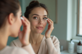 Femme appliquant un serum pour cils dans sa salle de bain