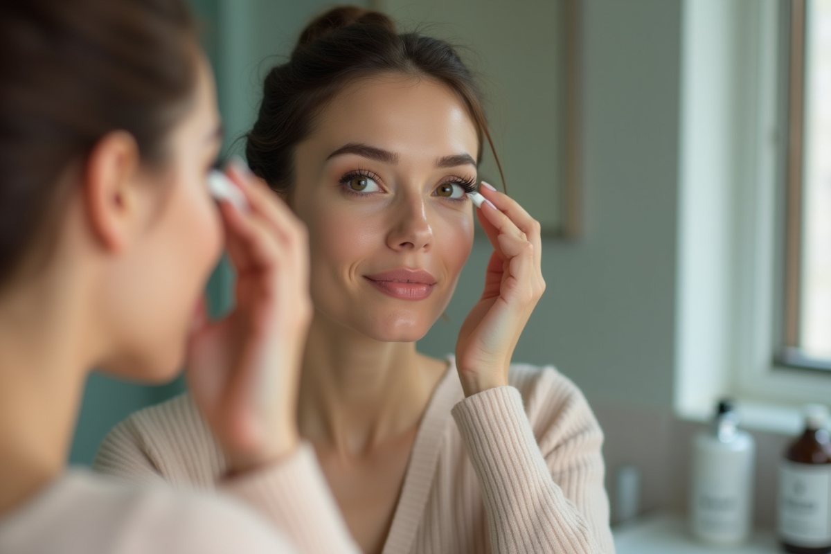 Femme appliquant un serum pour cils dans sa salle de bain
