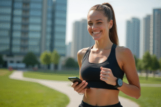 Femme souriante en tenue connectee courant en ville