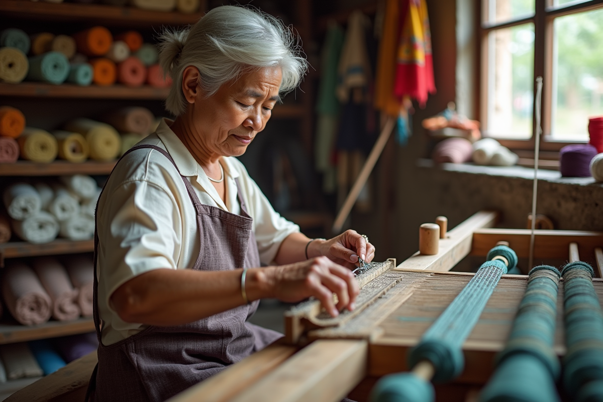 Femme au métier à tisser traditionnel dans un atelier textile