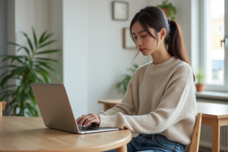 Jeune femme concentrée sur son ordinateur dans un appartement moderne