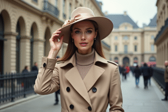 Femme élégante en trench beige ajustant son chapeau dans une ville européenne