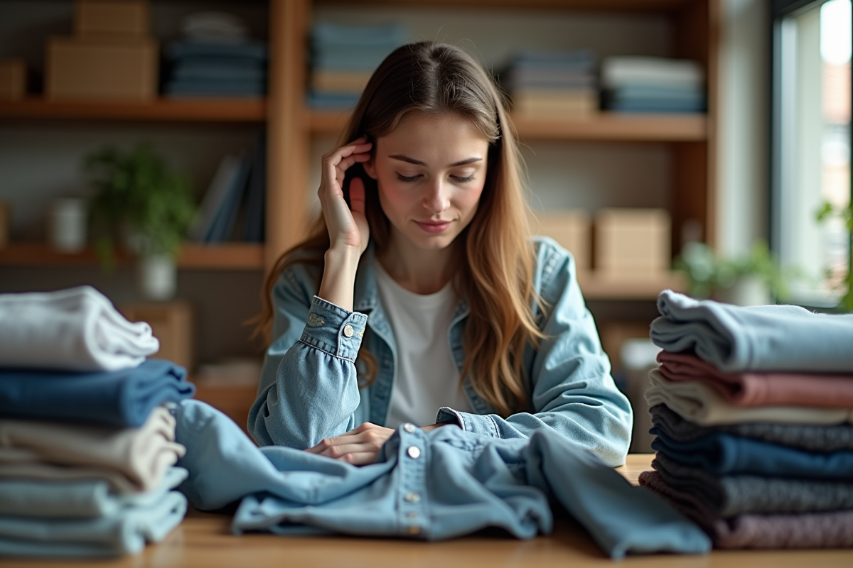 Jeune femme trie des vêtements vintage dans un bureau lumineux