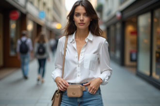 Femme élégante en ville ajustant son sac beige