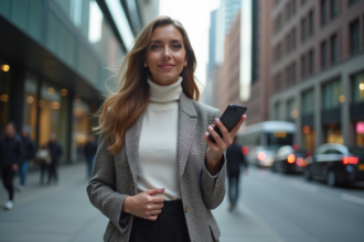 Femme élégante en ville avec blazer et smartphone