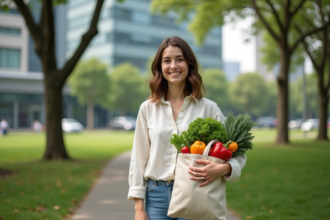 Femme avec tote écologique dans un parc urbain