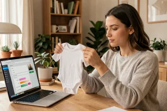 Jeune femme inspectant un body bébé blanc personnalisable avant de passer commande en ligne