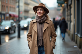 Femme d'âge moyen portant un chapeau en feutre et trench dans la ville