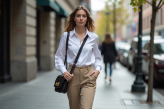 Jeune femme marchant dans la ville avec sac croisé
