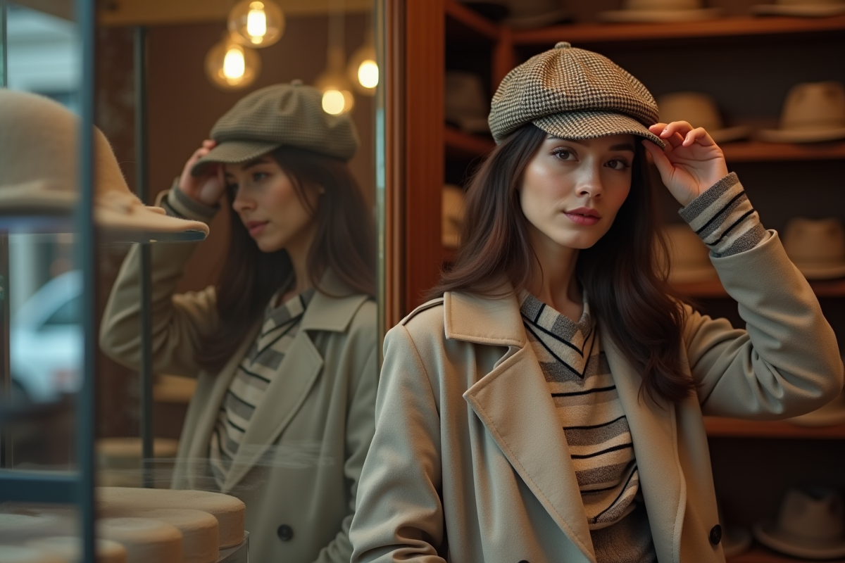 Femme ajustant son chapeau dans une boutique de chapeaux vintage