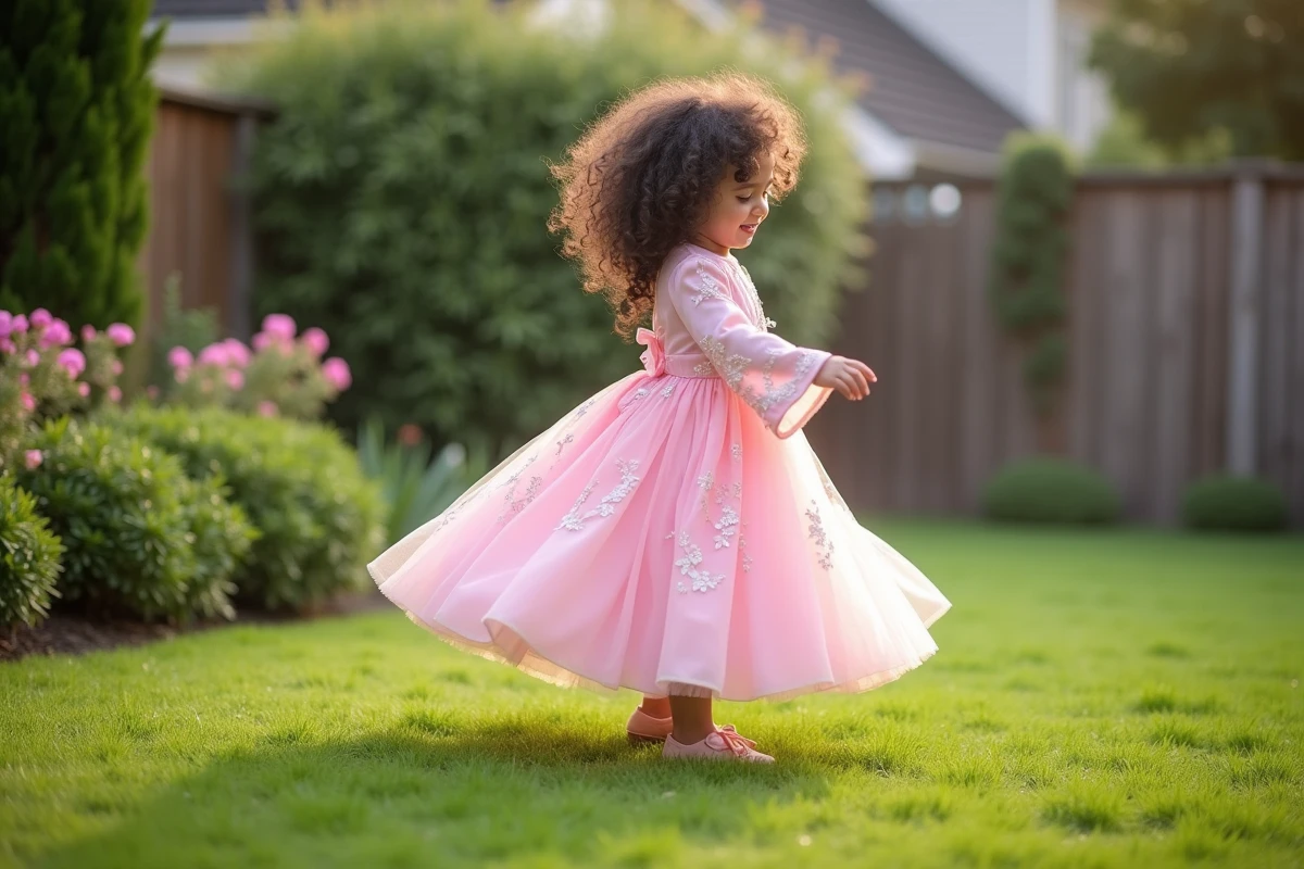 Fille princesse tournant dans un jardin fleuri