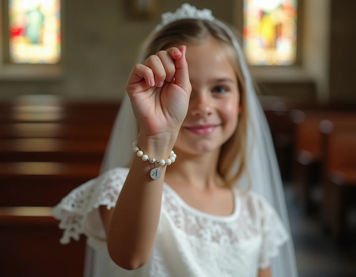 Jeune fille en robe de communion blanche montrant son bracelet personnalisé avec initiale en argent dans une église en pierre