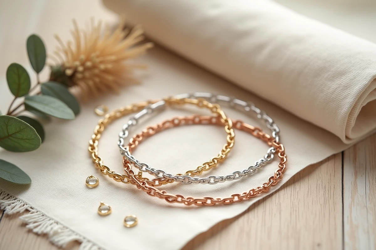 Flat lay de bracelets chaînes fines TRESOR en or, or rose et argent sur bois clair avec décor naturel