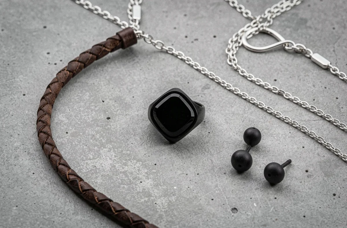 Flat lay éditorial d'une chevalière onyx noire pour homme entourée de bijoux assortis comme bracelet cuir et collier argent sur béton gris