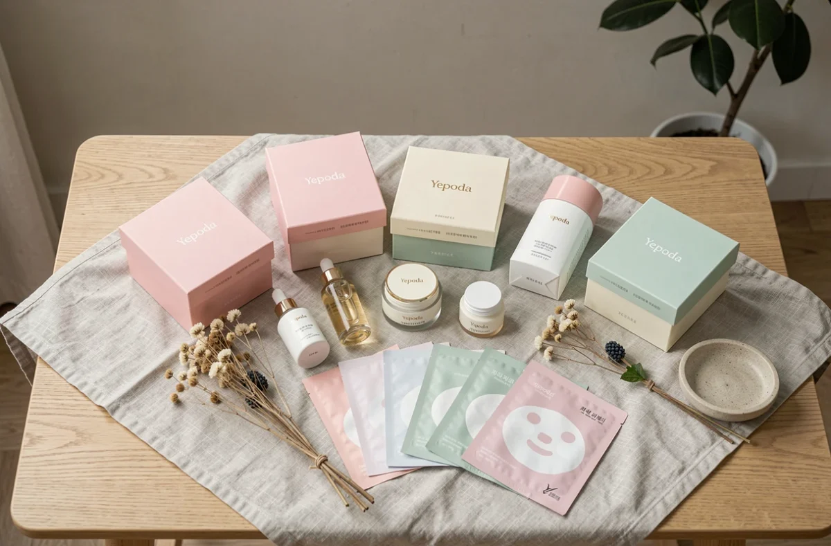 Flat lay de coffrets skincare Yepoda disposés sur un tissu en lin avec des accessoires minimalistes, vue de dessus