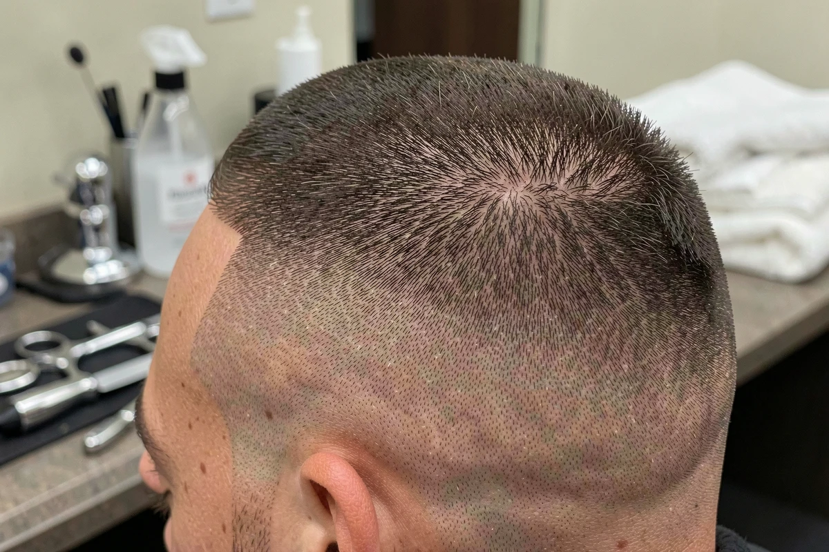 Gros plan sur le dégradé taper fade d'une coupe casquette réalisée à la tondeuse, détail des hauteurs de passage