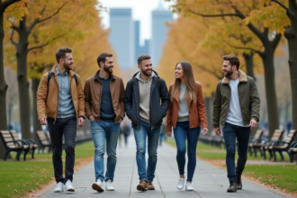 Groupe divers de personnes souriantes dans un parc urbain