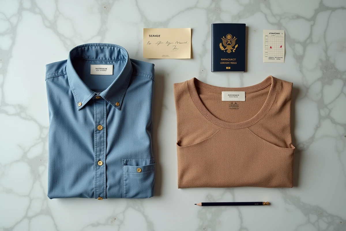 Flat lay de deux vêtements avec étiquettes de tailles australiennes et françaises et guide de conversion