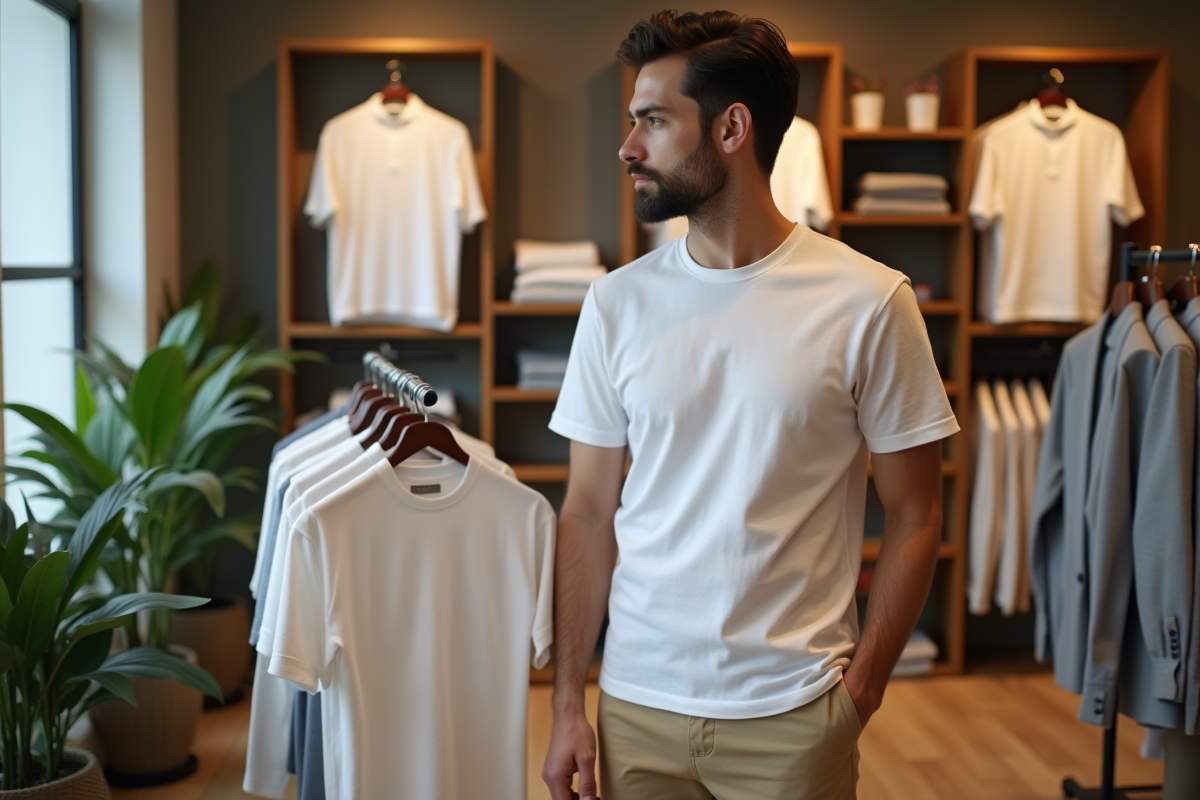 Homme en t-shirt blanc et chinos dans une boutique mode moderne