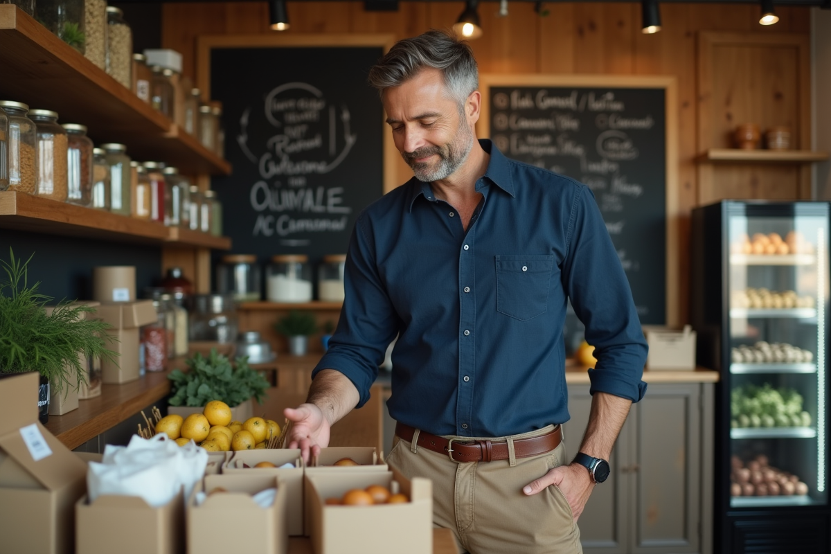 Homme choisissant des emballages recyclables en magasin