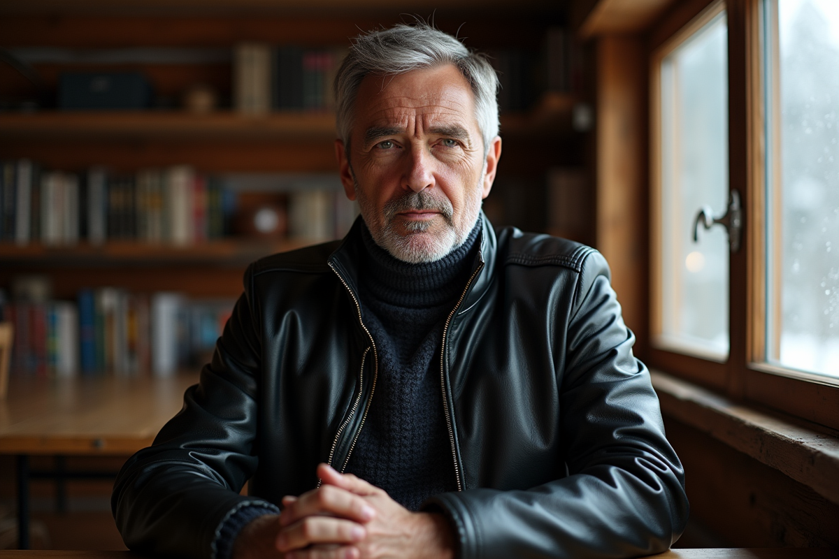 Homme mature en manteau en cuir noir intérieur chaleureux