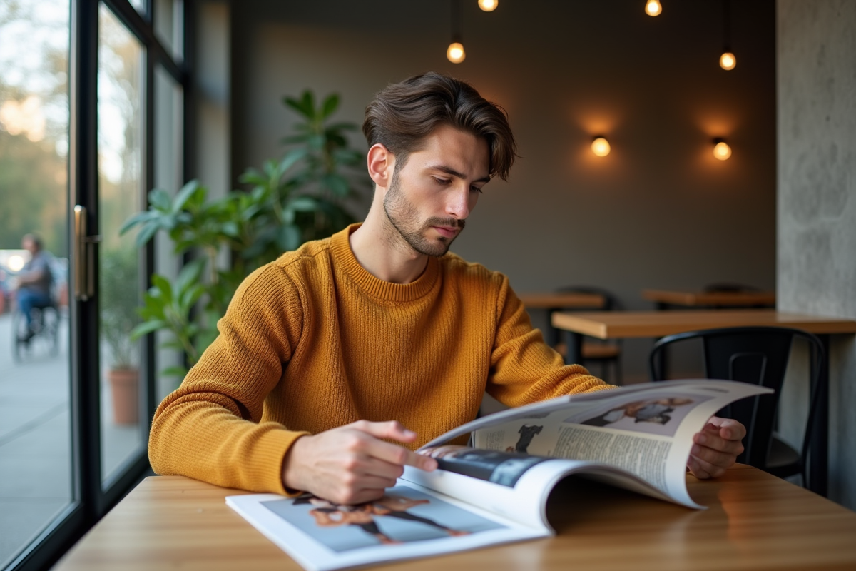 Jeune homme lisant dans un café moderne