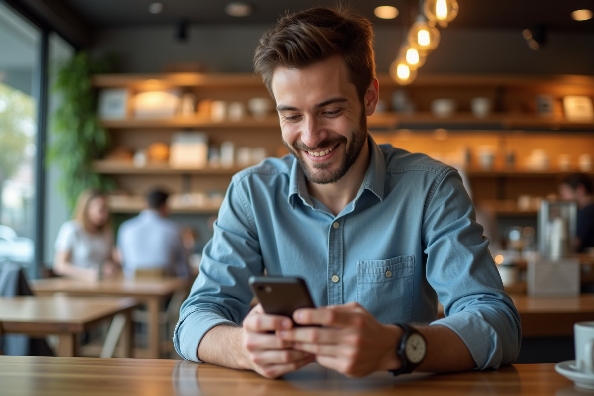 Jeune homme dans un café regardant son smartphone